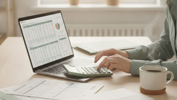 Przedsiębiorca analizuje formy opodatkowania firmy przy laptopie i kalkulatorze