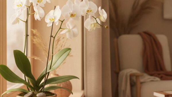 Kwitnący biały storczyk Phalaenopsis na jasnym parapecie