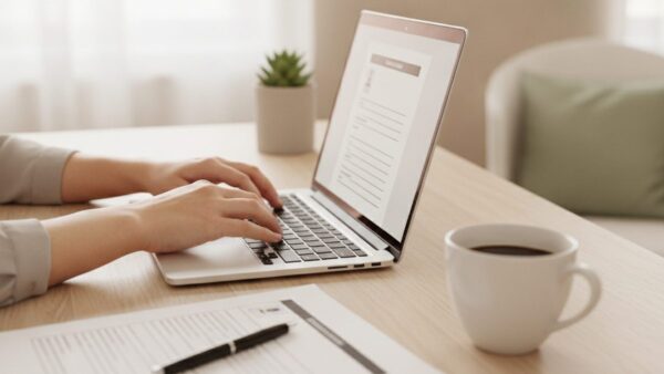 Osoba pisze i formatuje CV na laptopie obok wydrukowanego dokumentu na biurku