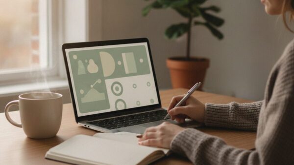 Osoba planuje domowy budżet i oszczędności w notesie oraz aplikacji na laptopie