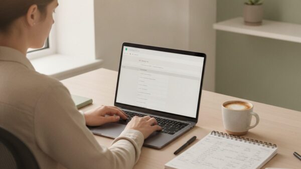 Przedsiębiorca wystawia fakturę w programie do fakturowania na laptopie