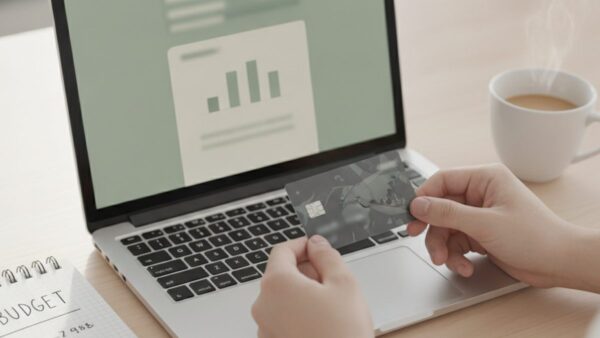 Osoba sprawdza wydatki z karty kredytowej w aplikacji bankowej na laptopie
