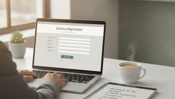 Przedsiębiorca dobiera kody PKD przy rejestracji firmy na laptopie