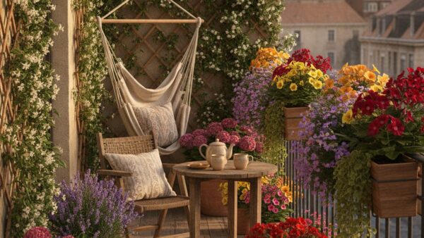 Ukwiecony balkon z kolorowymi kwiatami w skrzynkach i donicach w słoneczny dzień
