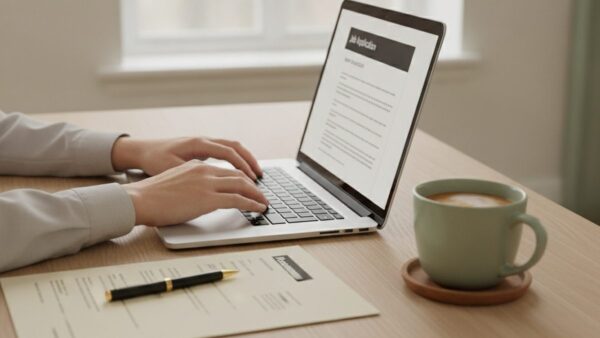 Osoba pisze list motywacyjny na laptopie obok wydrukowanego CV na biurku