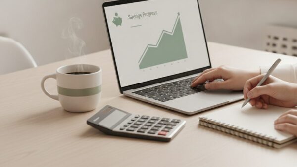 Osoba przy laptopie porównuje oferty lokat bankowych w aplikacji bankowej