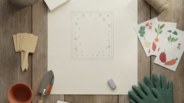 Plan ogródka warzywnego dla początkujących - schemat grządek z oznaczonymi warzywami