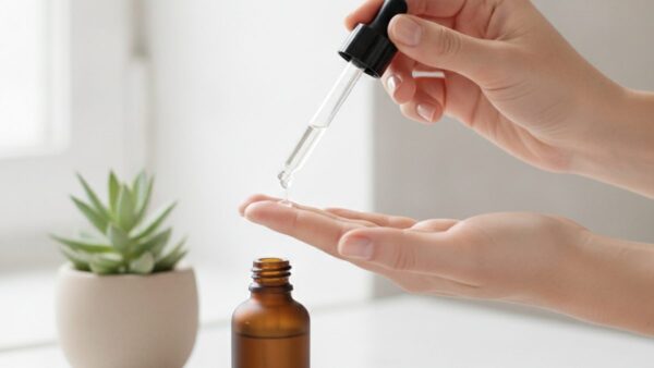 Nakładanie serum z retinolem z ciemnej szklanej buteleczki podczas wieczornej pielęgnacji