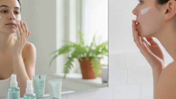 Osoba pielęgnuje cerę trądzikową, nakładając krem przed lustrem w łazience