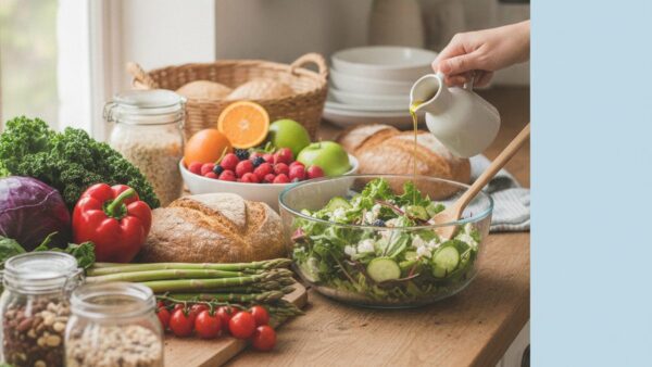 Świeże warzywa, owoce i pełnoziarniste produkty podczas przygotowywania zdrowego posiłku